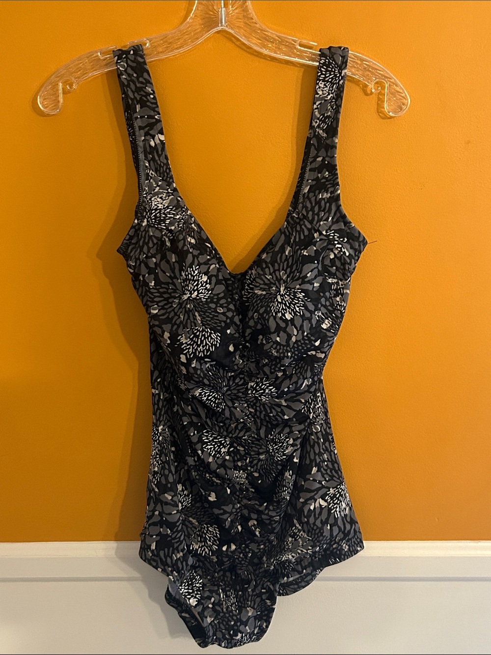 Floral Print One-Piece Swim Suit in Black,Grey, and White